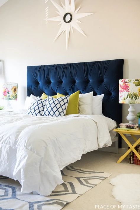 DIY Upholstered Headboards You Can Make (Without Sewing) | Apartment Therapy Diy Tufted Headboard, Blue Headboard, Diy Projects For Bedroom, Diy Headboard Upholstered, Blue Bedroom Decor, Diy Furniture Bedroom, Murphy Beds, Diy Headboard, Headboard Designs