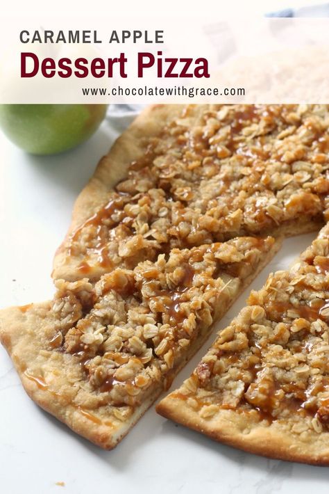 Caramel Apple Dessert Pizza Recipe has a slightly sweet crust, with baked apples and brown sugar streusel topping. It's a perfect fall treat. and its extra easy if you use premade pizza dough. #apple #appledessert #applepizza #falldessert Apple Dessert Pizza With Pie Crust, Carmel Apple Pizza Recipe, Recipes Using Pizza Dough Dessert, Apple Pie Pizza Recipe, Apple Crisp Pizza Recipe, Flatbread Dessert Recipes, Pizza Crust Dessert Recipes, Italian Apple Desserts, Dessert With Pizza Dough