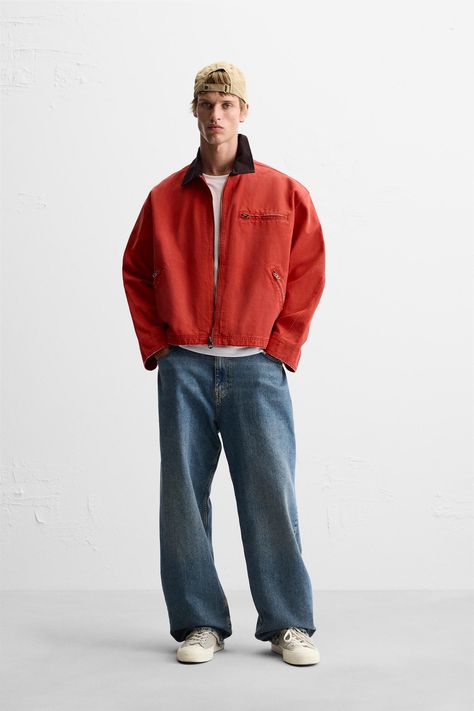 CONTRASTING COLLAR JACKET Red Jacket Men, Souvenir Jacket, Jean Vest, Cardigan Sweater Jacket, Collar Jacket, Contrast Collar, Denim Jacket Men, Tshirt Skirt, Zara Man