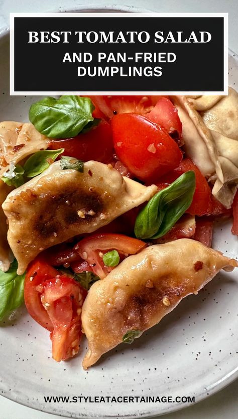 This Dumpling Tomato Salsa Recipe will only get better as the summer progresses, for the tomatoes will get sweeter and more luscious. As if a beautifully dressed tomato salad wasn’t enough, this salad incorporates pan-fried dumplings – all dressed in a chile crisp vinaigrette, with fresh basil leaves. It’s a combination so unexpected, yet so perfect for a lazy summer day, it’s Dumpling Tomato Salad. Let’s do it! Tomato Dumpling Salad, Dumpling Tomato Salad With Chile Crisp Vinaigrette, Dumpling Tomato Salad, Dumpling Salad, Wonton Salad, Chile Crisp, Tomato Salsa Recipe, Salad Summer, Fried Dumplings