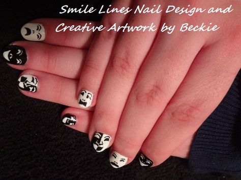 Comedy and Tragedy Theatre Mask Nail Art Theatre Nails, Line Nail Designs, Theatre Masks, Comedy And Tragedy, Lines On Nails, Nail Envy, Get Nails, Creative Artwork, Cool Nail Art