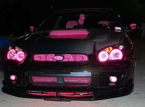 Black Car With Pink Details, Black And Pink Car Aesthetic, Barbie Car Aesthetic, Car Mod Ideas, Heart Tail Lights Car, Pink Car Mods, Black And Pink Car Interior, Pink And Black Car Interior, Pink Drift Car