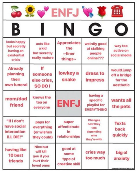 ENFJ Bingo #ENFJ #MBTI Enfj Movies, Enfj Starter Pack, Enfj Love Language, The Protagonist Enfj, Enfj Fashion, Enfj Bingo, Enfj Personality Funny, Enfj Facts, Enfj Celebrities