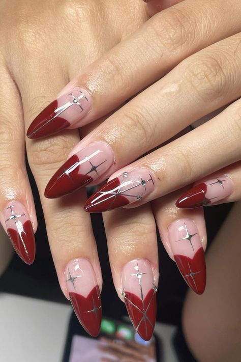 Marceline Nails, Gothic Valentines Nails, Witchy Nail Art, Gothic Nail Designs, Nails Design Natural, Red Almond Nails, Red And Silver Nails, Sliver Nails, Red Almond