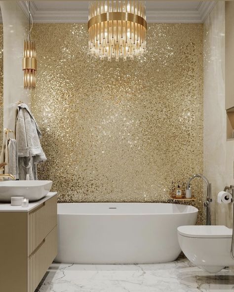 Luxury Bathroom Master Baths Modern, Toilet Design Modern, Gold Tiles, Luxury Bathroom Master Baths, Bathtub Walls, Toilet Design, Bathroom Design Luxury, Modern Bathroom Decor, Modern Bedroom Design