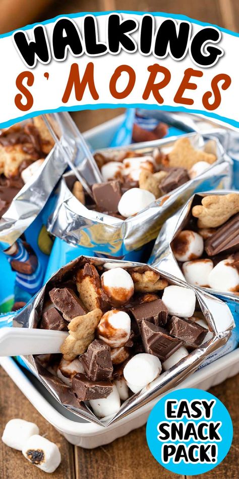 Walking S'mores is a mess-free twist on the campfire dessert. Stuff snack bags Teddy Grahams with pudding, mini marshmallows, and Hershey bars. No flame needed! Campfire Themed Snacks, Walking Smores Dessert, Class Food Party Ideas, S'more Activities For Preschoolers, No Mess Smores, S’mores Without A Campfire, S'mores In A Bag Camping, Camp Out Snacks, Walking Dessert Tacos