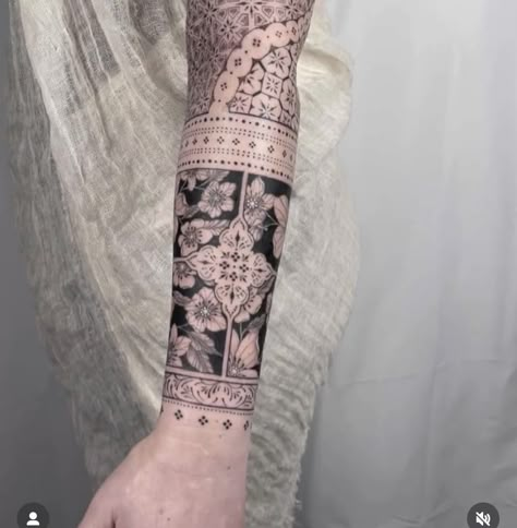 Indian Arm Sleeve Tattoo, Aztec Wrap Around Tattoo, Hand To Forearm Tattoos For Women, Wrist Pattern Tattoo, Ornamental Half Sleeve Tattoo, Islamic Art Tattoo, Quilt Pattern Tattoo, Lattice Tattoo, Quilt Block Tattoo