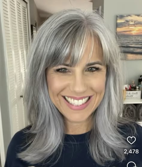 Gray Hair Fashion Over 50, Women Grey Hair Styles, Med Gray Hairstyles, Grey Hair With Side Bangs, Midlength Haircuts For Gray Hair, Grey Hair With Fringe Bangs, Long Layered Grey Hair With Bangs, Bangs With Grey Hair, Long Wavy Gray Hair Over 50