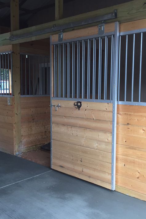 Diy Horse Stalls How To Build, Stall Doors For Horses, Easy Horse Stalls, Diy Horse Stalls, Horse Stalls Diy, Stable Inspiration, Simple Horse Barns, Horse Stalls Doors, Custom Horse Stalls