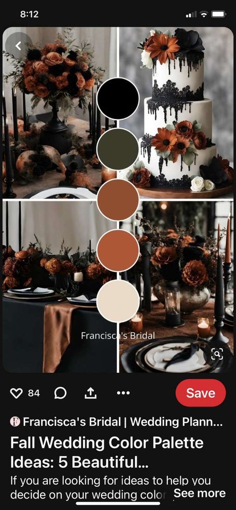 Green Orange And Black Wedding, Fall Spooky Wedding Ideas, Fall Wedding With Black, Gothic Country Wedding, Dark Moody Fall Wedding, Dark Wedding Theme Color Schemes, Dark Wedding Color Schemes, Dark Wedding Colors, Fall Moody Wedding