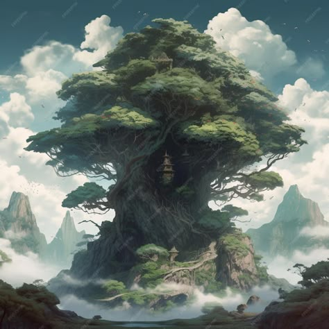 Premium Photo | The tree of life is a tree with a house on it. Large Fantasy Tree, World Tree Art, Tree Kingdom, Tree Palace, Nature Kingdom, Dnd House, Tree Dragon, Massive Tree, Elder Tree