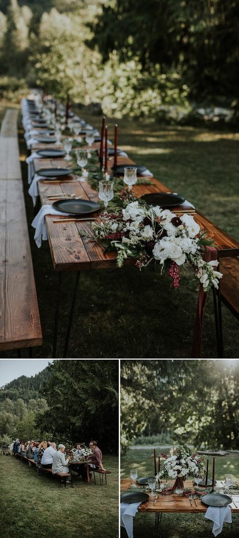 Cozy Wedding Reception, Long Wood Table, Family Style Weddings, Long Table Wedding, Cozy Wedding, Maggie Grace, Rustic Wedding Decorations, Beautiful Wedding Reception, Boda Diy