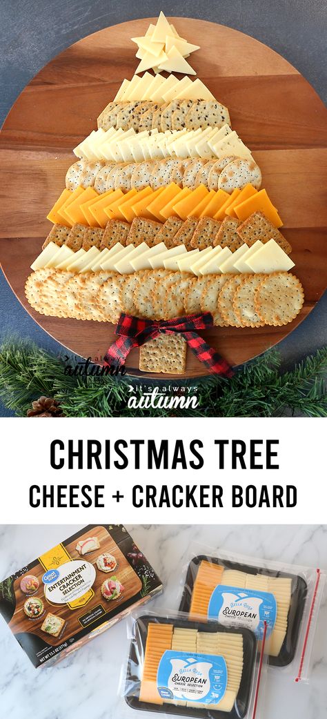 Christmas Tree Cheese Board {easy holiday appetizer} - It's Always Autumn Cheese Charcuterie Board Christmas, Christmas Tree Crackers And Cheese, Charterie Board Ideas, Cheese And Cracker Christmas Tree, Christmas Eve Easy Appetizers, Christmas Food Plater, Christmas Apitisers, Cheese And Crackers Christmas Tree, Cheese Platter Ideas Christmas