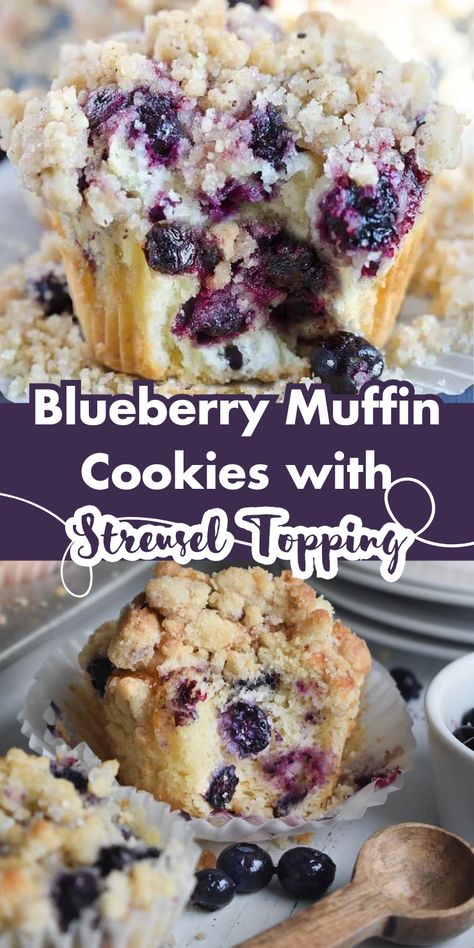 A soft, buttery cookie infused with the timeless taste of a blueberry muffin, finished with a crumbly streusel topping that makes every bite utterly irresistible! Blueberry Muffin Cookies, Muffin Cookies, Buttery Cookie, Easy Overnight Oats, Eggs And Bacon, Comfort Casseroles, Buttery Cookies, Blueberry Muffin, Brunch Dishes