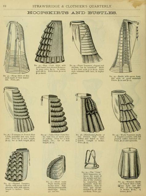 Bustle (undergarment structure); ranged from padded, cushionlike devices to half hoops of steel, the fullness dropped to below the hips, and a semicircular frame supported the trailing skirts Victorian Lingerie, 1880s Fashion, Bustle Skirt, 1800s Fashion, Bustle Dress, Victorian Costume, 19th Century Fashion, Look Retro, Fashion Vocabulary