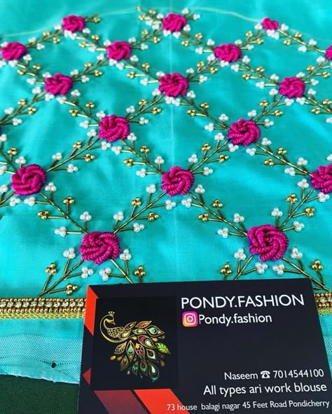 Pondy.fashion on Instagram: "Spring flower 🌸 designe #blousedesigns #pondy.fashion #ariworkblouse #pondy" Spring Work Blouse Designs, Bullion Rose Aari Work Blouse, Aari Work Rose Flower Design, Hand Work Flower Design, Leaf Design Aari Work Blouse, Churidar Embroidery, Embroidered Wedding Dresses, Bullion Rose, Embroidered Bookmarks