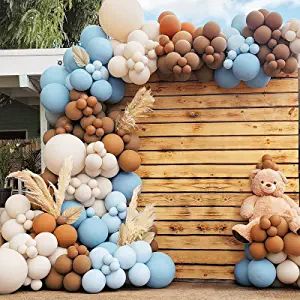 Blue And Brown Party Decor, Blue And Tan Baby Shower Ideas, Blue And Brown Balloon Garland, Brown And Blue Baby Shower Ideas, Blue And White Baby Shower Ideas, Light Green Balloons, Blue And Brown Baby Shower, Brown Baby Shower Ideas, Balloon Wreath