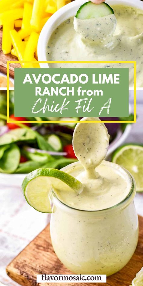 You're going to love this copycat Avocado Lime Ranch from Chick Fil A! This Chick Fil A copycat recipe tastes just like the original. This easy homemade salad dressing makes the perfect veggie dip, chip dip, or salad dressing! This tangy dressing can be used for almost anything. Click through to the blog for all the details! Spicy Avocado Ranch Dressing, Avacodo Ranch Recipes, Guacamole Dressing Recipe, Chick Fil A Avocado Lime Ranch Dressing, Chic Fil A Avocado Lime Ranch Dressing, Easy Taco Salad Dressing, Avocado Ranch Dipping Sauce, Chick Fil A Avacodo Lime Ranch Dressing, Avocado Lime Ranch Dressing Chick Fil A