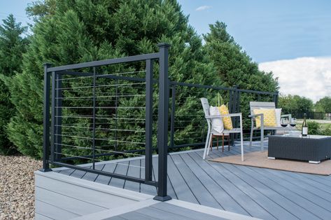 Horizontal Cable Railing System by Fortress Railings Deck Railing Systems, Stair Paneling, Cable Railing Systems, Aluminum Decking, Steel Deck, Space Gallery, Steel Railing, Metal Railings, Cable Railing