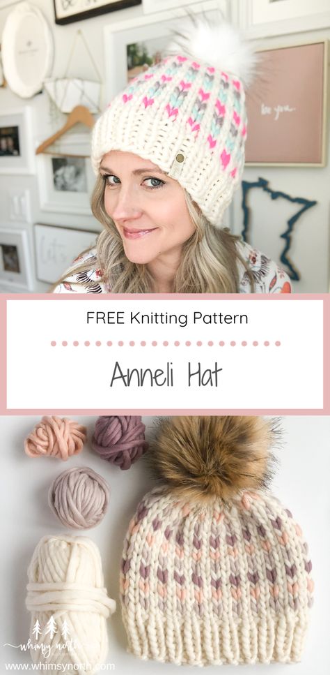 The Anneli Hat is a free fair isle hat knitting pattern that is easy and great for beginner knitting. It includes both written and charted instructions and knits up quick with super bulky / chunky yarn. Find the entire free pattern on the blog! Alpaca Hat Knitting Pattern, Womens Knitted Hat Patterns Free, Fair Isle Hat Pattern Free Charts, Chunky Yarn Hat Crochet, Super Bulky Knit Hat Pattern Free, Knit Hat Pattern Free, Free Chunky Knitting Patterns, Chunky Hat Pattern, Loom Knitting Patterns Hat