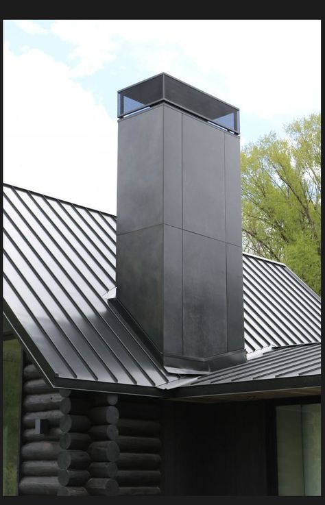 Metal Chimney Exterior, Chimney Design Modern, Metal Chimney, Contemporary Mansion, Chimney Design, Steel Cladding, Cladding Design, Barn House Design, Fireplace Tv Wall