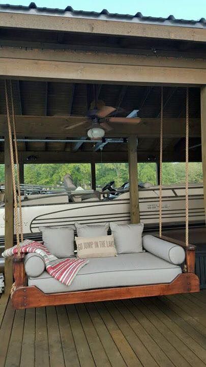 Custom bedswings for your boat dock. bradfordswings.com Long Dock Ideas, Lake Dock Lighting Ideas, Lake Deck Ideas Boat Dock, Lake Boat Dock Ideas, Small Boat Dock Ideas, Lake Dock Accessories, Lake Dock Decor, Boat Launch Ideas, Boat Dock Decorating Ideas Lakes