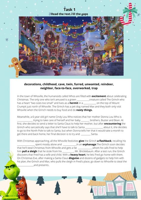 Grinch interactive worksheet Grinch Worksheets, The Grinch Worksheets, How The Grinch Stole Christmas Activities, The Grinch Schedule, Grinch Lesson Plans Activities, Grinch Writing Prompts, English Aesthetic, Kids Handicraft, English Projects