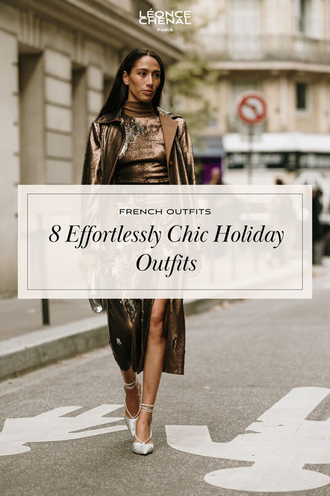 Discover 8 effortlessly chic holiday outfits, from sequin skirts to tuxedo jackets, for the festive season filled with timeless French style. Eclectic Holiday Outfit, Parisian Holiday Outfit, Cool Girl Holiday Party Outfit, Classy Christmas Outfit Party, Elegant Nye Outfit, Going To The Ballet Outfit Classy, Paris Nye Outfit, Cute Holiday Party Outfits, Gold Holiday Outfit