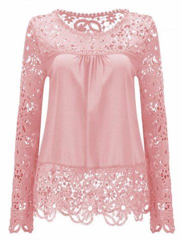 GET $50 NOW | Join RoseGal: Get YOUR $50 NOW!http://www.rosegal.com/blouses/solid-color-lace-spliced-hollow-out-blouse-606902.html?seid=6169770rg606902 Pink Lace Blouse, Pink Lace Tops, Lacy Tops, Floral Lace Tops, Lace Splicing, Chiffon Long Sleeve, Chiffon Shirt, Plus Size Womens Clothing, Chiffon Lace