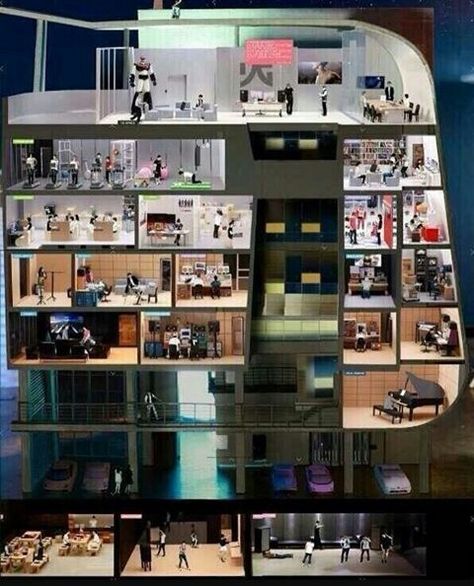 YG should start selling this shit man I'm gonna sell my house for this Yg Building Interior, Kpop Entertainment Building, Kpop Trainee Dorm, Rendered Section, Yg Building, Entertainment Building, Yg Entertaiment, Unorganized Idea, Kpop Backgrounds