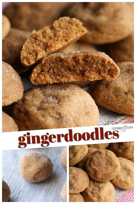 Gingerdoodles are the perfect cross between Snickerdoodles and Gingerbread Cookies! They're soft, buttery, a little spicy, and PERFECT for the holidays! #cookiesandcups #gingerdoodles #snickerdoodles #gingerbread #cookierecipe #christmascookies #holidaybaking Gingerdoodle Cookies, Soft Cookie Recipe, Cookie Deserts, Soft Gingerbread Cookies, Snickerdoodle Recipe, Cookies Soft, Ginger Bread Cookies Recipe, Cookie Time, Holiday Cookie Recipes