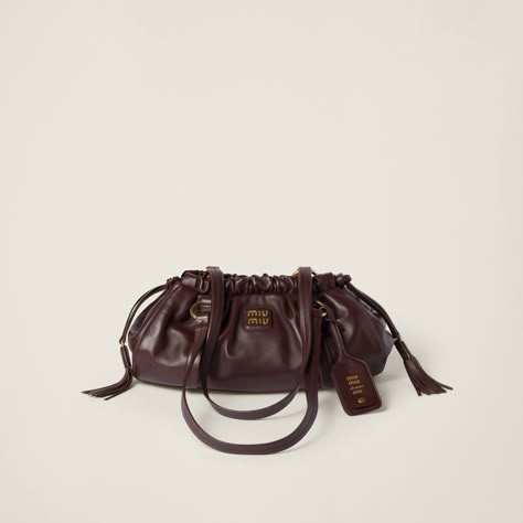 Elegant Miu Miu Leather Shoulder Bag, Designer Miu Miu Brown Bag, Luxury Brown Miu Miu Shoulder Bag, Miumiu Bags, Luxury Leather Miu Miu Bags, Nappa Leather Bag, Miu Miu Leather Top-handle Bag, Fits 2023, Metal Lettering