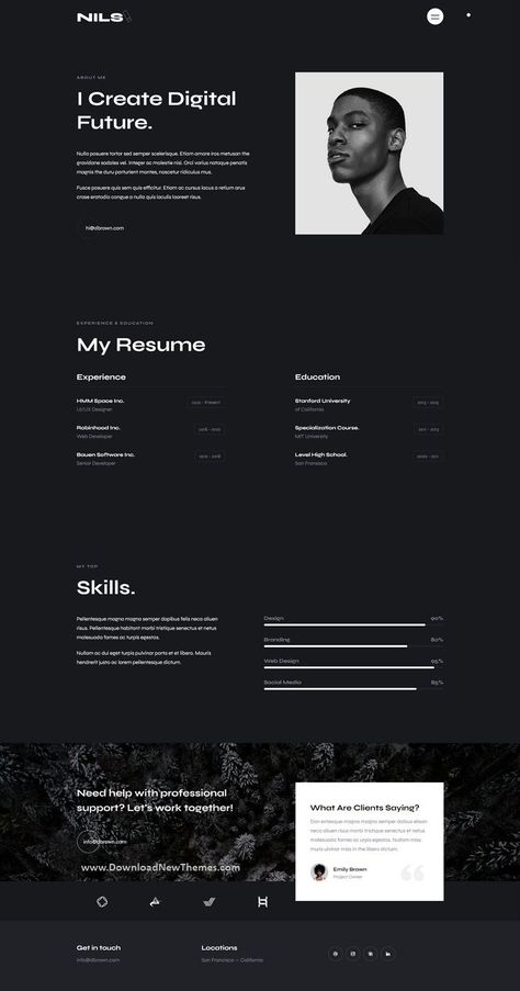 Nils - Personal Portfolio WordPress Theme is a clean, minimal, elegant & modern design premium WordPress theme for creative designers, freelancers, photographers, creative agency, photo studio, artists, business & portfolio showcase professional website with 2 different homepage layouts in light & dark layouts, pre-designed inner pages & tons of amazing features. It is developed by shtheme one of the elite author on themeforest marketplace to download now & live preview click on image 👆 Dark Theme Portfolio Website Design, Dark Portfolio Website, Minimalistic Website Design Inspiration, About Me Page Portfolio, Dark Mode Website, Minimal Portfolio Design, Creative Portfolio Design Layout, Personal Portfolio Design, About Me Website