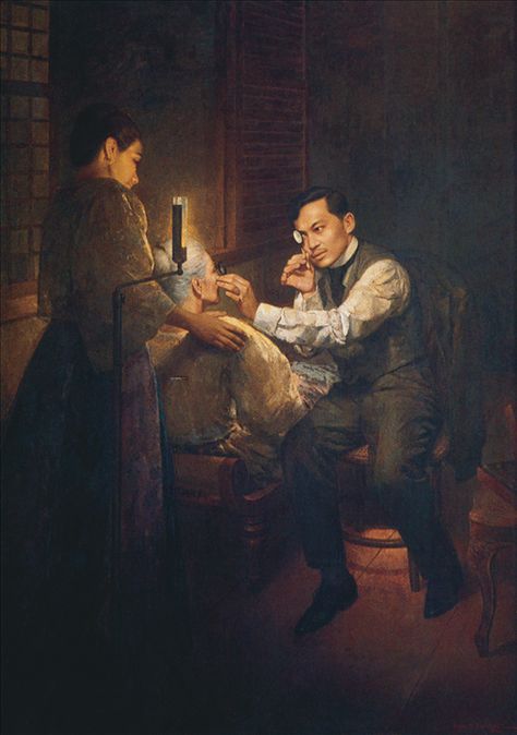 Rizal treating his mother (1960 painting by Romeo Enriquez) Life And Works Of Rizal Background, Jose Rizal Art, Jose Rizal Pictures, Jose Rizal Aesthetic, Filipino Painting, Noli Me Tangere Aesthetic, Vintage Design For Scrapbook Printable, Jesus Love Images, Jose Rizal