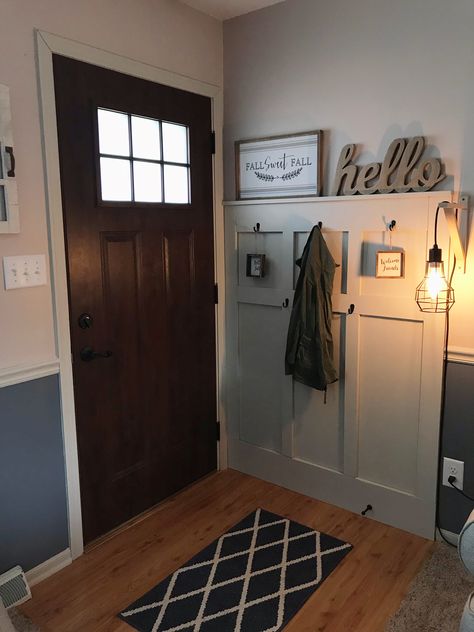 Home Doorway Entryway, Single Wide Entry Way, Space Behind Front Door Entryway, Wall Next To Door Decor, Behind Front Door Decor Small Spaces, Small Entryway Behind Door, Behind Door Entryway Ideas, Front Door Opens To Stairs Entry Ways, Small Entryway Behind Front Door