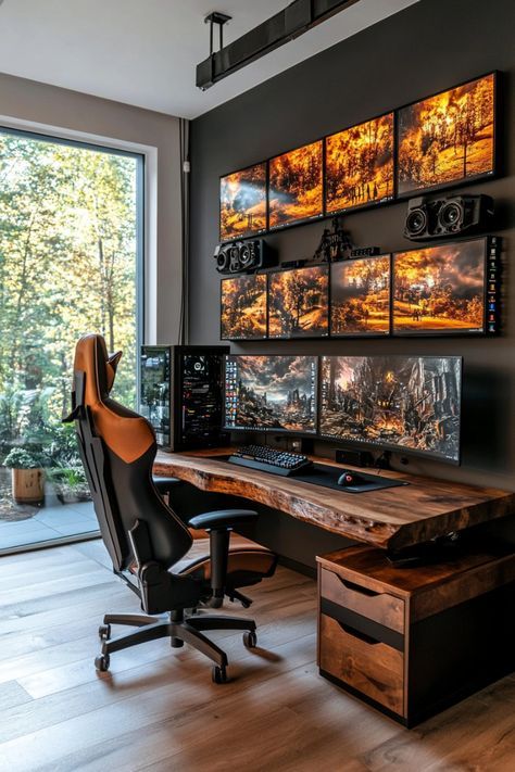 Futuristic Computer Room, Big Desk Setup, Academic Office, Office Ideas For Men, Trading Room, Games Room Inspiration, Home Game Room, Game Setup, Modern Home Offices