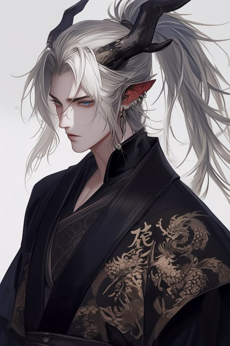 Human With Horns Art, Dragon Names Ideas Male, Dragon Anime Guy, Male Dragon Oc, Male Kitsune Oc, Anime Dragon Boy, Male Kitsune, Tiefling Male, Oni Art