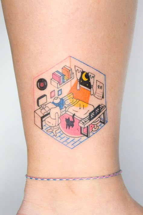 Room Tattoo, Fine Line Tattoo Designs, Line Tattoo Designs, Handpoke Tattoo, Tiny Room, 4 Tattoo, Cute Tiny Tattoos, Fine Line Tattoo, Line Tattoo