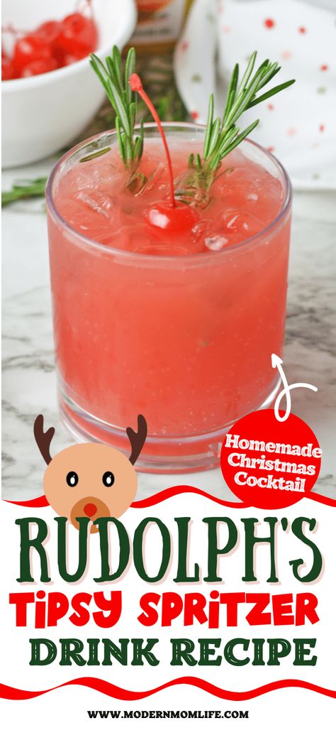 Rudolph’s Tipsy Punch, Tipsy Rudolph Spritzer, Reindeer Punch Cocktail, Rudolf Tipsy Spritzer, Rudolph Drink Cocktail Recipes, Rudolph Punch Alcohol, Rudolph Tipsy Spritzer, Booze Balls Cocktail Recipes, Cute Christmas Drinks Alcohol