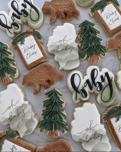 Bearly Wait Shower Theme, Woodsy Gender Reveal, Winter Forest Theme Baby Shower, Gender Reveal Woodland Theme, Baby Boy Shower Cookie Ideas, Forest Themed Gender Reveal, Gender Reveal Forest Theme, Woodland Sugar Cookies Baby, Winter Woodland Cookies