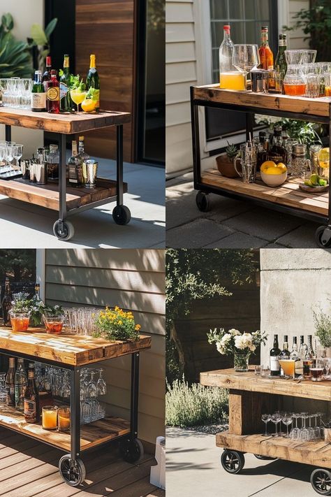 Make your own outdoor bar cart for easy entertaining! Perfect for backyard gatherings and BBQs. #DIYOutdoorBar #BackyardEntertaining #BarCart Beverage Cart Ideas, Backyard Patio Bar, Patio Bar Cart, Beverage Cart, Diy Bar Cart, Diy Outdoor Bar, Outside Bars, Bar Essentials, Backyard Entertaining