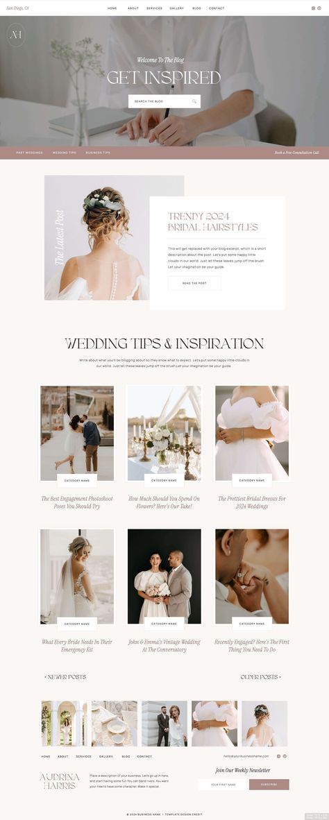 Looking to add a blog design to your Showit website template? Shop the Audrina Showit blog add-on page template! This blog add on page was made for wedding professionals such as wedding planners, photographers, videographers but can be a blog for any service provder. Shop the Showit blog template today! Showit Templates | Showit Website | Wedding Blog | Wedding Planner | Showit Design | Showit Blog Template | Showit Page Add-On | Wedding Photographer | Wedding Professionals | Website Designer Event Planning Website Design, Bridal Website, Story Examples, Templates For Wedding, Event Planning Website, Wedding Planner Website, Minimalist Web Design, Dress Websites, Website Mockup