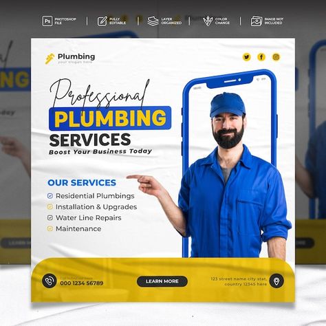 Plumbing service flyer social media post... | Premium Psd #Freepik #psd #plumbing-service #social-media-sale #plumber #sale-post Plumbing Graphic Design, Plumbing Creative Ads, Plumbing Social Media Posts, Plumber Services, Facebook Ads Design, Cpvc Pipe, Plumbing Companies, Electrician Services, Advertising Promotion