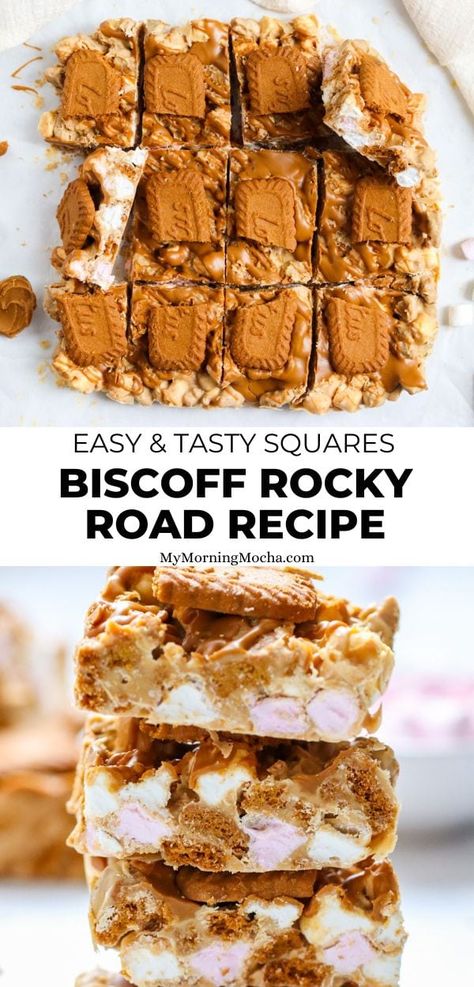 Easy Tray Bake Recipes, No Bake Traybake Recipes, Lotus Biscoff Recipes, Biscoff Rocky Road, White Chocolate Rocky Road, Traybake Recipes, Traybake Cake, Slice Recipes, Rocky Road Recipe