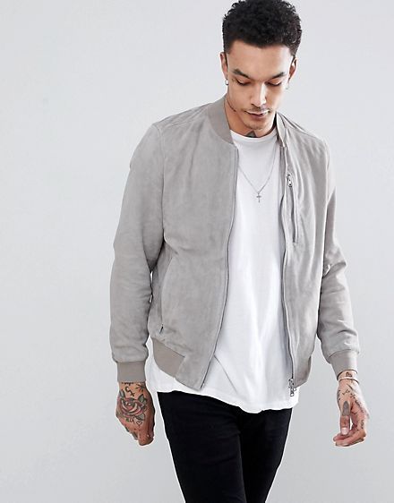 AllSaints Bomber Jacket In Light Gray Suede Grey Jacket Outfit Men, Grey Jacket Outfit, Black Leather Jacket Men, Mens Outdoor Jackets, Jacket Ideas, Grey Jacket, Hipster Mens Fashion, Flight Jacket, Grey Suede