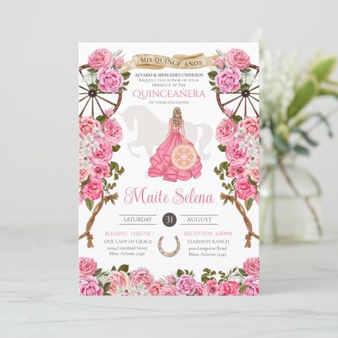 Quinceanera Charro Elegant Pink Rose Western Flora Invitation Pink Charro Quinceanera Theme, Quince Charro Decorations, Charro Decorations, Charro Quinceanera Theme, Quinceanera Charro, Quince Theme Ideas, Quince Invites, Quinceañera Planning, Sweet Sixteen Party Themes