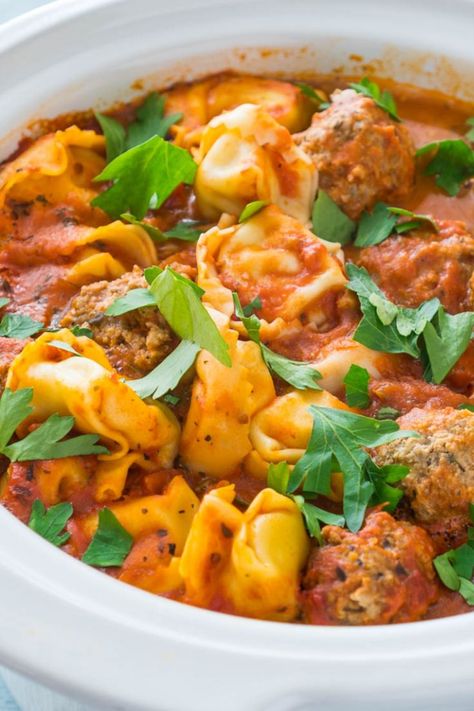 Cheese Tortellini And Meatball Recipes, Crock Pot Cheese Tortellini, Tortellini And Meatballs, Tortellini Recipes Crockpot, Crock Pot Tortellini, Vodka Sauce Recipe, Vodka Sauce Pasta, Italian Style Meatballs, Vodka Pasta