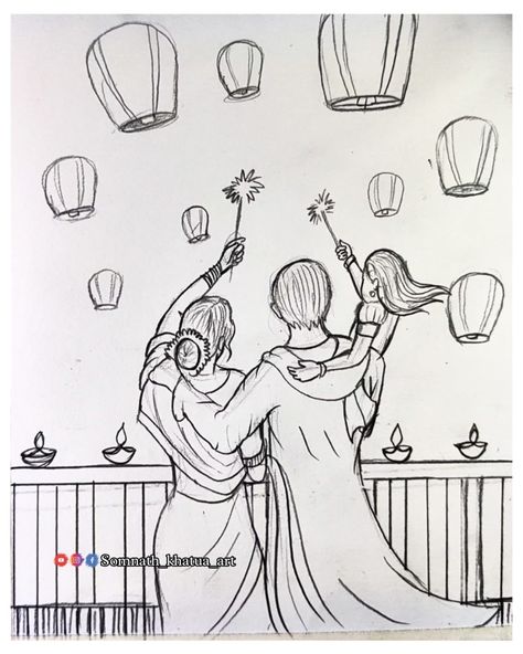 Drawing On Diwali, Diwali Scene Drawing, Diwali Celebration Drawing, Festival Drawing, Diwali Painting, Festival Paint, Diwali Drawing, Scene Drawing, Pencil Shading