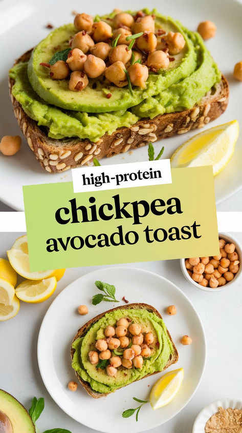 A vibrant plate of high-protein chickpea avocado toast topped with fresh herbs and spices. High Protein Veg Breakfast, High Protein Avocado Recipes, Protein Avocado Toast, High Protein Chickpea Recipes, Meals With Chickpeas, Recipes With Chickpeas, High Protein Vegan Snacks, Protein Dishes, Chickpea Avocado