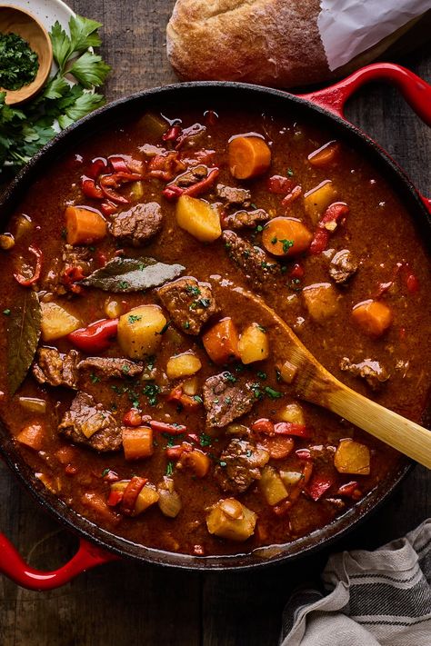 Hungarian Style Goulash | Olive & Mango Hungarian Goulash Soup, Czech Goulash, Europe Recipes, Flavorful Beef Stew, Creamy Asparagus Soup, Hungarian Goulash, Cold Weather Comfort Food, Creamy Asparagus, Hungarian Food